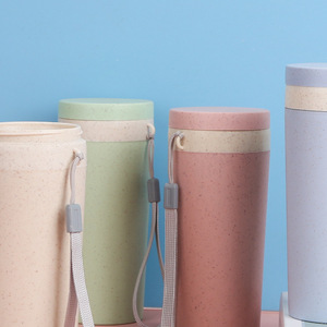 Eco-friendly Wheat Straw <b>Double</b> <b>Wall</b> Insulated Coffee <b>Mug</b> Portable Reusable Travel Tumbler with Strap for Student School Office - Product Image 3