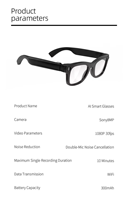 Lentes Inteligentes con IA, Traducción Multilingüe en Tiempo Real, Cámara de 8MP, Video 1080P, Audio de Alta Fidelidad, Cancelación de Ruido, Ultraligeros (43g), Bluetooth