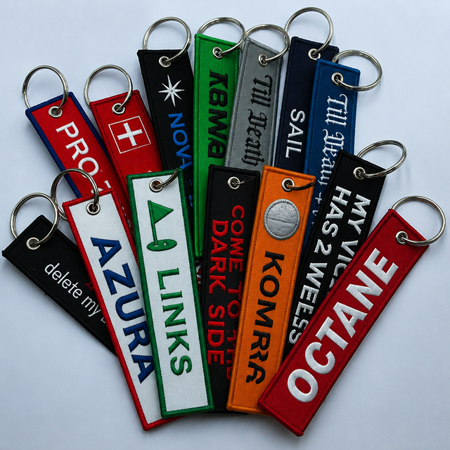 Wholesale Promotional Keychains Llaveros Custom Fabric logo Label Embroidery Jet Ring Braided Label Embroidered Keychain Jet Tag