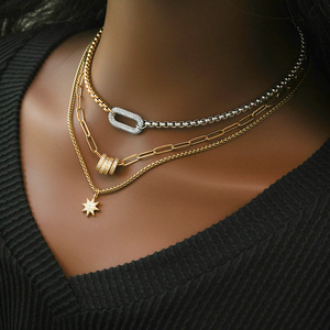 Vòng cổ nhiều lớp mạ vàng 18k hai màu, charm hình oval zircon, thép không gỉ chống nước, dành cho nhà thiết kế thời trang YF3751 - Product Image 2