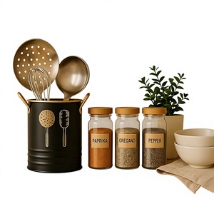 Porte-ustensiles cylindrique en métal noir avec cuillères et spatules pour le rangement de cuisine - Product Image 3