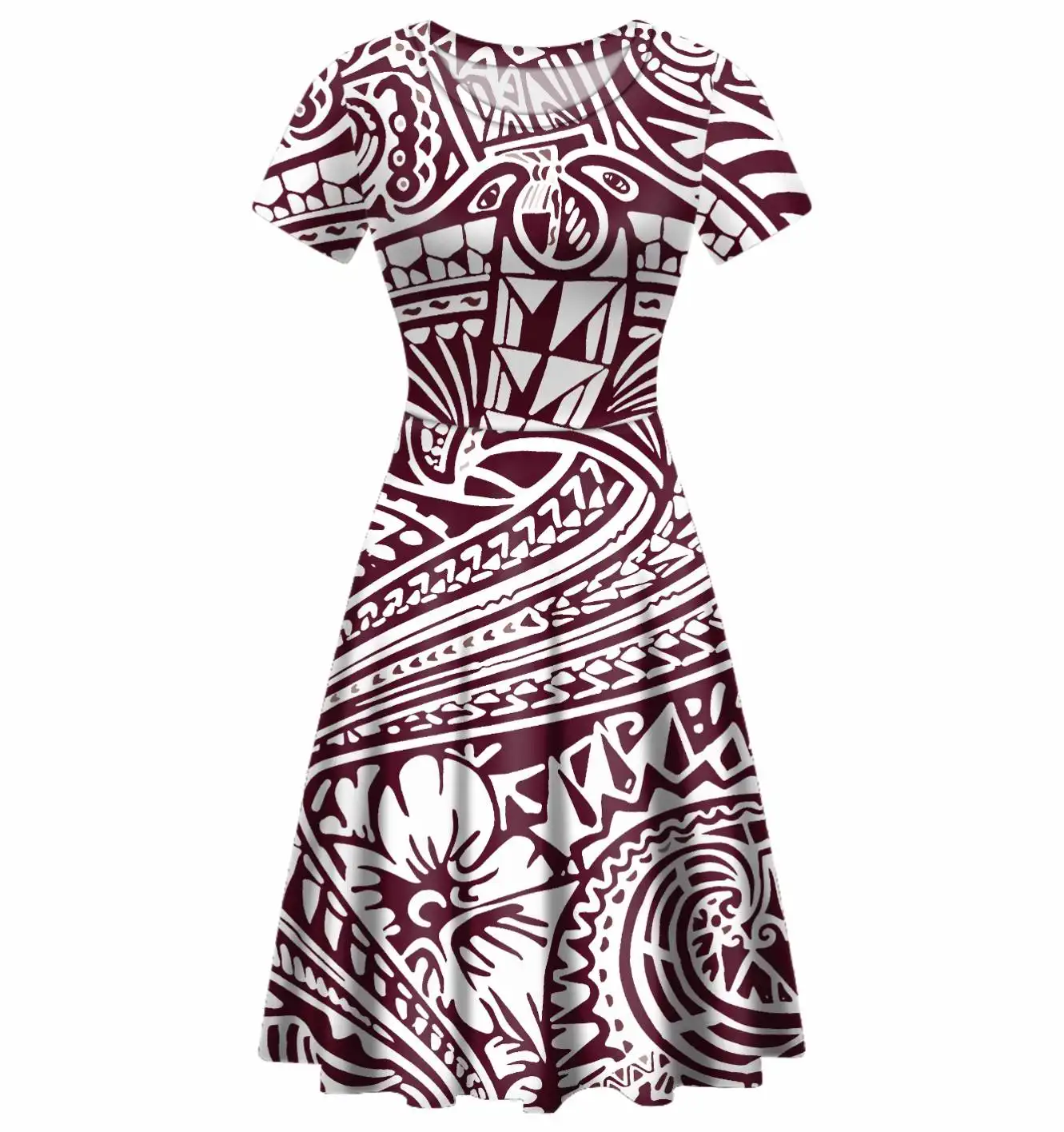 Thấp MOQ Polynesian Truyền Thống Bộ Tộc Hoa Mô Hình Cá Nhân Logo/Hình Ảnh Cô Gái Ngắn Tay Áo Lưới Váy Vật Liệu Mềm