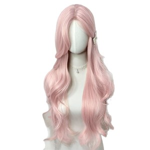 Perruque longue bouclée rose avec frange latérale, ligne de cheveux naturelle, fibre Kanekalon, couvre-tête complet pour femmes - Product Image 2