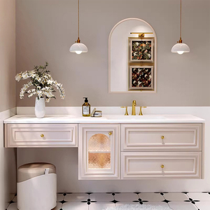 Mueble de Baño con Lavabo Individual Personalizable, Mueble de Pared Color Crema Francés con Espejo Antivaho Inteligente de Madera Maciza y Cajones Grandes - Product Image 1