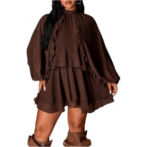 Vestido de Gasa para Mujer Tallas Grandes, Cuello Alto, Manga Larga, Corte A, con Volantes en Capas, Cintura Imperio, Estilo Y2K - Product Image 1