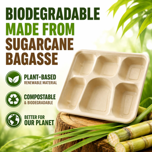 Assiette à emporter 5 compartiments en pulpe de bagasse de canne à sucre 100% naturelle, écologique, jetable, biodégradable et compostable - Product Image 4