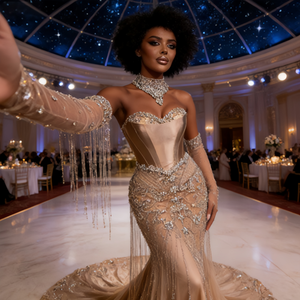 Платье-русалка нюдового цвета больших размеров |   Корсетное платье с бисером для вокальных выступлений и сценических представлений - Product Image 4