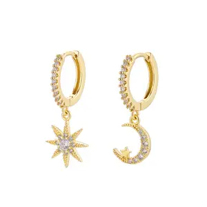 Real 18k Gold Plated Brass 925 Sterling Silver Post Moon Star Hoop Earrings Asymmetric Zircon Star Moon Huggie Hoop Earrings