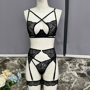 Nuevo Conjunto de Lencería Sexy de 4 Piezas con Encaje Transparente, Diseño Cruzado, Aros y Push-Up, con Ligueros - Product Image 6