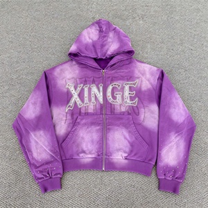 2026 New Arrival High Quality Acid Washed Sun-Dried Distressed Hoodie Custom Letter Rhinestone Printed Men's Zipper Boxy Hoodie - Product Image 1