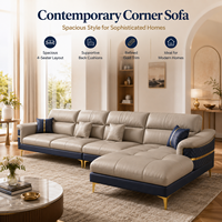 Sofá Seccional en Forma de L con Chaise Longue, Tapizado en Dos Tonos Azul Marino y Beige, Patas Doradas, para Sala de Estar, Hotel, Apartamento u Oficina