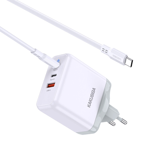 Cargador Rápido KAKUSIGA de 65W, 2 USB-C, 1 USB-A, Blanco, con Cable Tipo-C de 1M - Product Image 3