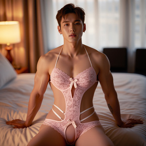 Lingerie érotique pour hommes, combinaison sexy en dentelle rose grande taille, ajourée et transparente avec entrejambe ouvert, tenue de travesti et de demoiselle d'honneur masculin - Product Image 4