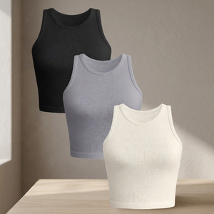 Camiseta sin mangas acanalada para mujer, cuello redondo, top de yoga, algodón y elastano, ajuste regular, moda para adultos - Product Image 1