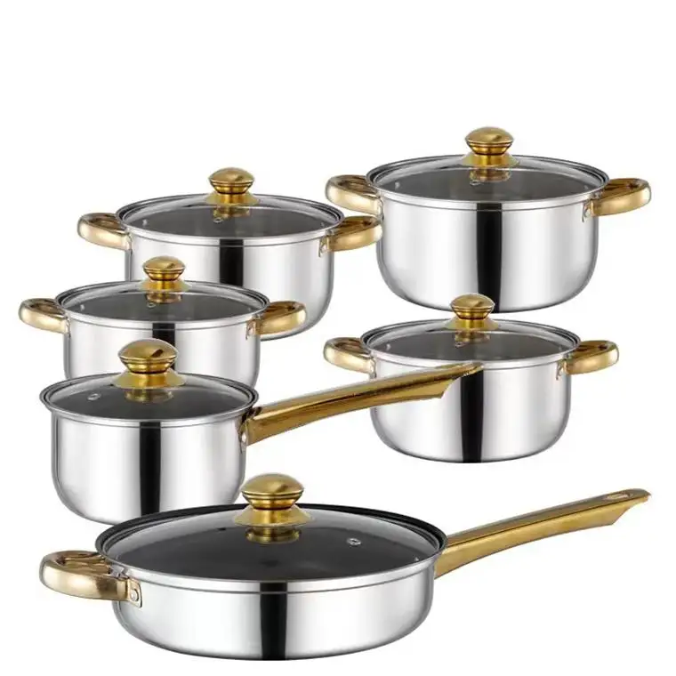 Batterie de cuisine 12 pcs, ensemble casserole + poêle + casserole couvercle en verre plaqué cuivre en acier inoxydable durable/