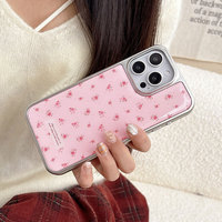 Étui de téléphone antichoc en TPU avec cadre argenté, motif floral rose, style Ins, avec cordon et nœud pour 17 Pro Max