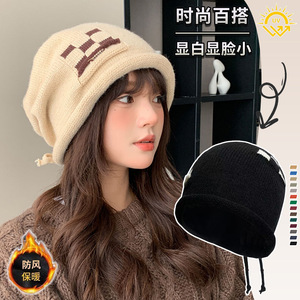 Warm Beanie Women Knitted Wool Pile Checkered Hem Anti Pilling Foldable Autumn <b>Winter</b> <b>Hat</b> Breathable Windproof Stack <b>Hat</b> - Product Image 5