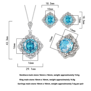 Refined Eco-friendly Copper Gold Plated Floral 16-10MM Sea Blue Zircon Earrings Imitation Gemstone Zircon Jewelry Sets for Women - Product Image 2