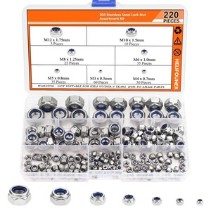 304 Stainless Steel Metric Locking Nuts M3-<b>12</b> Nylon Embedded Hexagonal Grade A DIN985 220PCS Set - Product Image 5