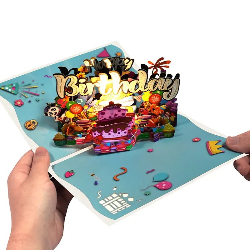 Tombol lampu musik kreatif, kontrol kartu ucapan liburan hadiah buatan tangan 3D stereo kartu ulang tahun