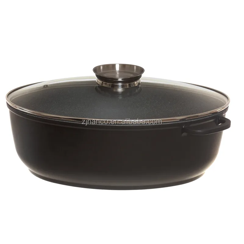 DIE CAST ALUMINUM OVAL CASSEROLE BLACK ROASTER W/GLASS LID 38CM