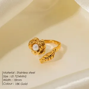 Anillo Abierto de Acero Inoxidable para Mujer EManco, Diseño Delicado con Camelia, Perla y Textura de Hoja, Nueva Tendencia 2025 - Product Image 2