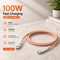 Câble USB C vers USB C de 1,2 m, 100 W, 5 A, charge rapide PD, embout métallique, USB 2.0, câble de données tressé en nylon, OEM ODM, logo personnalisé