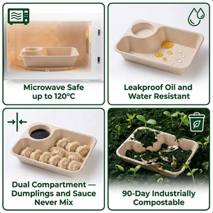 Offre Spéciale – Boîte à Raviolis Jetable Biodégradable en Bagasse de Canne à Sucre 850 ml, Compatible Micro-ondes, avec Compartiment Circulaire pour Sauce, Forme Rectangulaire pour Aliments - Product Image 5