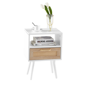 Rattan End Table With <b>Drawer</b> Solid Wood Legs Modern Nightstand <b>Side</b> Table White Bedroom Living Room - Product Image 5