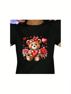 T-shirt con stampa di cuori di orsetti, da donna, girocollo, manica corta, casual, estiva, alla moda, per viaggi, vacanze, uso quotidiano, S-XXL - Product Image 1