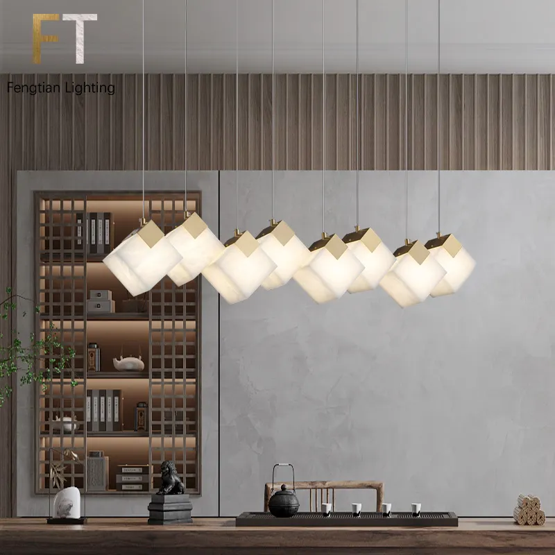 Einfache quadratische Lampen schirm Marmor Kupfer moderne Restaurant hängende Linie Kronleuchter Alabaster Lampe