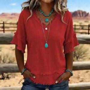 Nova Chegada Verão 2026: Blusa Sólida de Poliéster Lavável com Decote V Solto Estilo Europeu-Americano e Mangas Curtas com Franjas - Product Image 4
