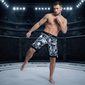 กางเกงชกมวย MMA รุ่น AERO สีเทาลายพราง พร้อมโลโก้สั่งทำพิเศษ สำหรับผู้ชาย ระบายเหงื่อได้ดี เหมาะสำหรับการฝึกซ้อมมวยปล้ำผสม - Product Image 6