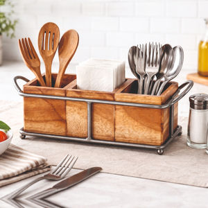 Organizador de Madera Clásico Premium con Soporte Metálico y Tres Compartimentos de Almacenamiento para Palillos/Cucharas de Cocina - Product Image 3