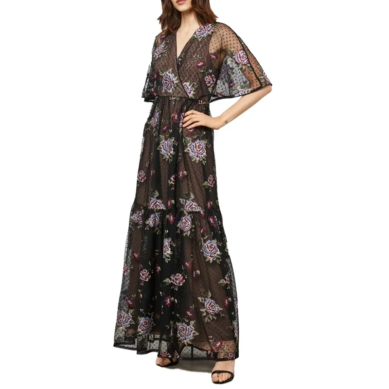 Custom Design Lady Luxury Elegant Short Sleeve Dresses Women Embroidered Floral Princess Evening Gown Dress