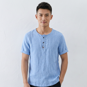 Camicie da <span class=keywords><strong>Uomo</strong></span> in <span class=keywords><strong>Lino</strong></span> OEM <span class=keywords><strong>100</strong></span>% <span class=keywords><strong>Lino</strong></span> Senza Colletto Manica Corta Mezza Abbottonatura Casual Tinta Unita Fornitura Diretta dalla Fabbrica - Product Image 2