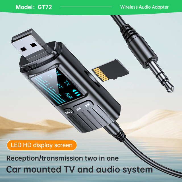 BT5.4 Audio Transceiver USB to 3.5mm AUX Car Wireless Music Adapter Microphone with LED Screen for Car Kit Speaker TV Computer
