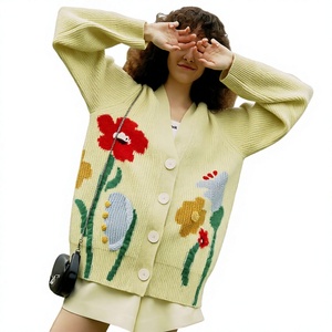 Cárdigan de punto con bordado floral para mujer, suéter con cuello en V, corte holgado, ropa exterior informal - Product Image 4
