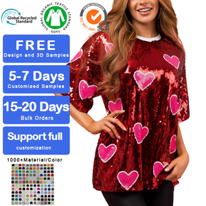 T-shirt <span class=keywords><strong>con</strong></span> paillettes oversize da donna su misura <span class=keywords><strong>con</strong></span> paillettes <span class=keywords><strong>rosso</strong></span> e rosa <span class=keywords><strong>con</strong></span> motivo a <span class=keywords><strong>cuore</strong></span> manica mezza manica Casual a coste ampio Top Fit - Product Image 1