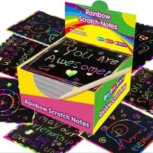 Jumon Magic Rainbow <b>Scratch</b> Mini Notes Paper Pad Cards Drawing Toys Set with Bamboo Pens for Children Kids DIY Educational T-60 - Product Image 1