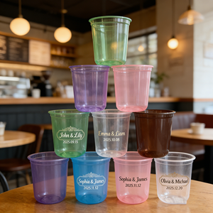 Gobelets en plastique givré bleus personnalisés 16 oz réutilisables pour mariages et événements, impression personnalisée de blason, nom, date, gobelets PP 16 oz 12 oz - Product Image 1