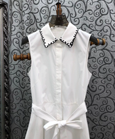 Robe longue 100 % coton, style été 2026, col rabattu, broderie noire, blocs de couleur, ceinture décorative, sans manches, robe longue blanche pour femme