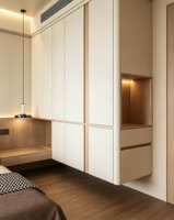 Système de placards modulaires XINGRUO, armoire avec portes à panneaux plats, finition mate, placage en chêne, LED