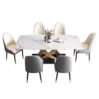 Ensemble de table à manger en pierre frittée de luxe, design moderne rectangulaire en acier inoxydable, tables à manger au design unique et 6 chaises