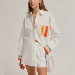 Camicette da donna in cotone lungo camicia oversize per donna camicia Casual a righe sfumate arcobaleno manica lunga in cotone organico