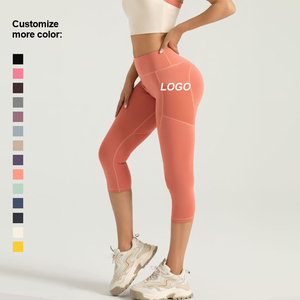 Pantaloni da Yoga a vita alta con Logo di colore personalizzato per le <span class=keywords><strong>gambe</strong></span> Push up con tasche a rete laterali senza cuciture pantaloni da ginnastica a 7 punti - Product Image 3