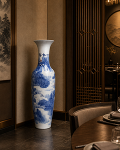 Vaso da terra gigante in stile antico blu e bianco, con intricato paesaggio di pini dipinto a mano, alto vaso decorativo da terra. - Product Image 2
