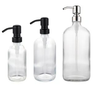 16oz Empty Frosted Dish Soap Dispenser Kitchen Boston Round Glass Bottle For Lotion Soap