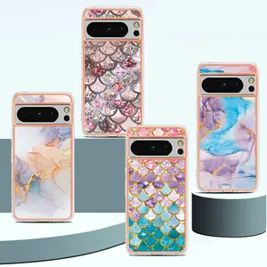 A Series Frame Marble Flowers Luxury Pattern IMD+TPU Phone Case For Google Pixel 8 Pro IMD Print Case