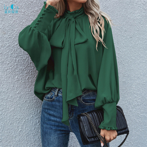 Blusa informal elegante con manga de burbuja y volantes para primavera y verano, camisa elegante con cuello redondo para mujer, <span class=keywords><strong>2022</strong></span> - Product Image 4